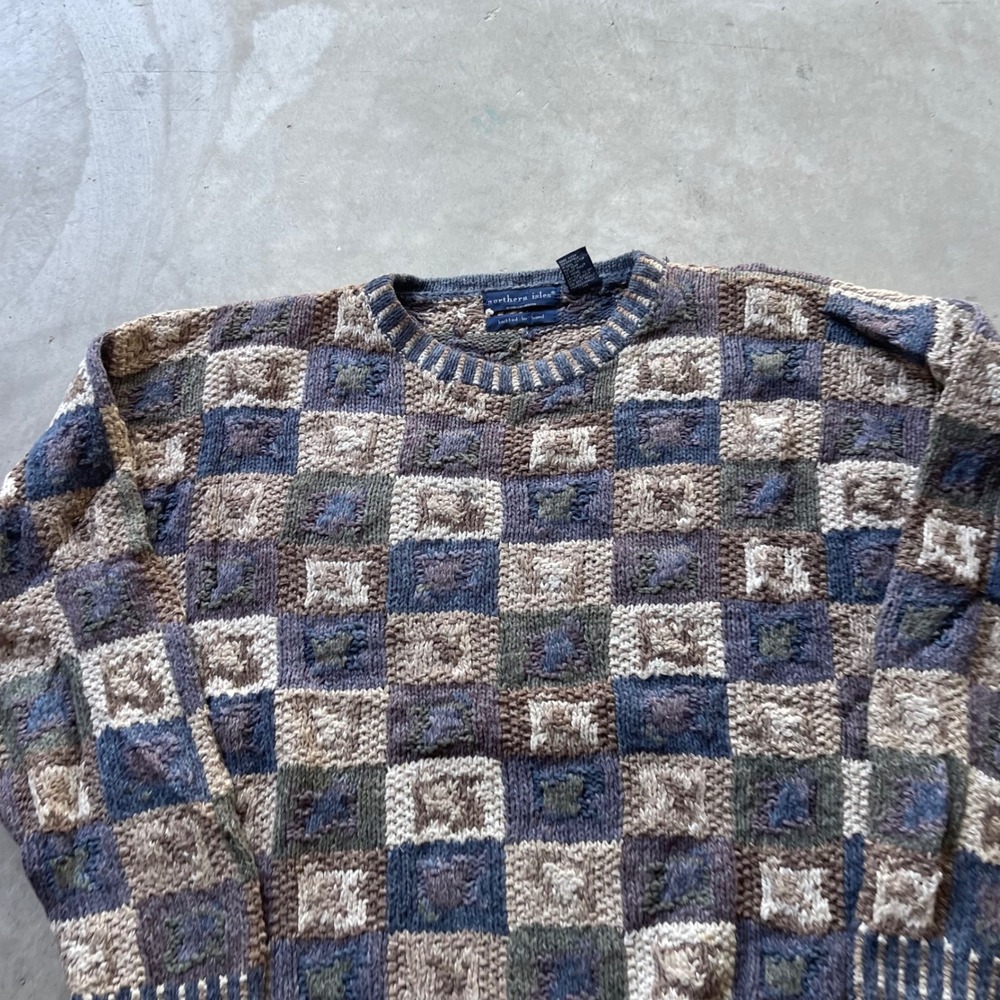 Northern Isles Vintage Hand Knitted Patchwork Sweater Blue Brown Tan Womens M - Picture 2 of 6
